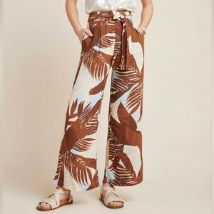 Anthropologie dra Paradisas Wide Leg Palm Print Belted Wide Leg Pants Brown Blue